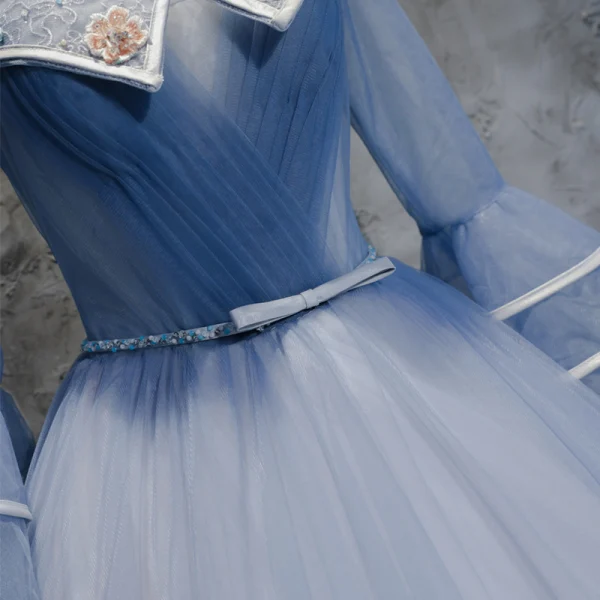 Chic / Beautiful Sky Blue Prom Dresses 2017 Ball Gown V-Neck Long Sleeve Appliques Flower Beading Pearl Rhinestone Bow Sash Floor-Length / Long Ruffle Backless Formal Dresses