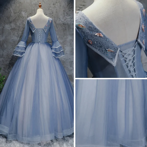 Chic / Beautiful Sky Blue Prom Dresses 2017 Ball Gown V-Neck Long Sleeve Appliques Flower Beading Pearl Rhinestone Bow Sash Floor-Length / Long Ruffle Backless Formal Dresses