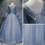 Chic / Beautiful Sky Blue Prom Dresses 2017 Ball Gown V-Neck Long Sleeve Appliques Flower Beading Pearl Rhinestone Bow Sash Floor-Length / Long Ruffle Backless Formal Dresses