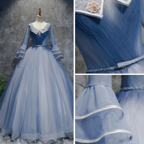 Chic / Beautiful Sky Blue Prom Dresses 2017 Ball Gown V-Neck Long Sleeve Appliques Flower Beading Pearl Rhinestone Bow Sash Floor-Length / Long Ruffle Backless Formal Dresses