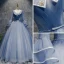 Chic / Beautiful Sky Blue Prom Dresses 2017 Ball Gown V-Neck Long Sleeve Appliques Flower Beading Pearl Rhinestone Bow Sash Floor-Length / Long Ruffle Backless Formal Dresses
