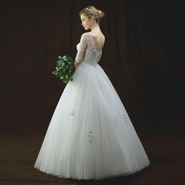 Chic / Beautiful Ivory Pierced Wedding Dresses 2018 A-Line / Princess Scoop Neck 1/2 Sleeves Backless Appliques Lace Sequins Pearl Beading Floor-Length / Long Ruffle