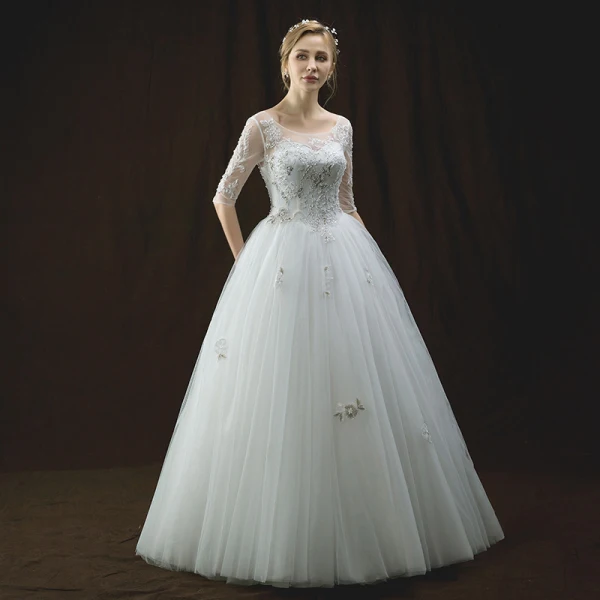 Chic / Beautiful Ivory Pierced Wedding Dresses 2018 A-Line / Princess Scoop Neck 1/2 Sleeves Backless Appliques Lace Sequins Pearl Beading Floor-Length / Long Ruffle