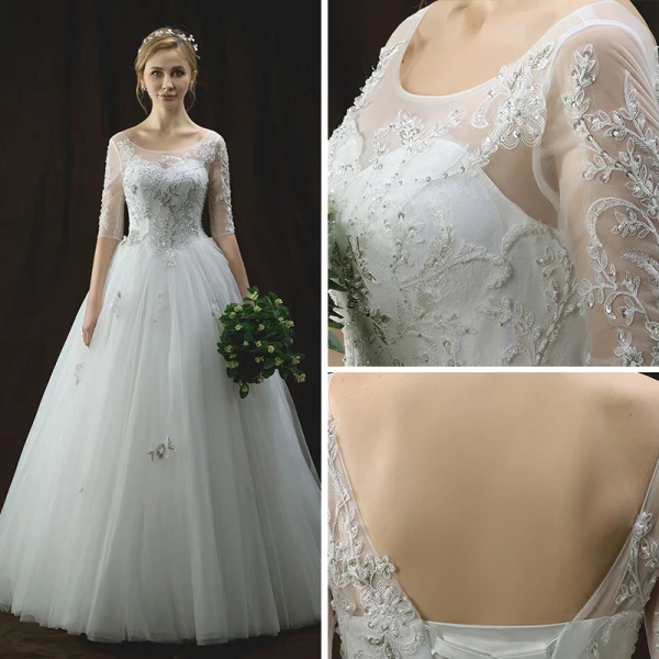 Chic / Beautiful Ivory Pierced Wedding Dresses 2018 A-Line / Princess Scoop Neck 1/2 Sleeves Backless Appliques Lace Sequins Pearl Beading Floor-Length / Long Ruffle