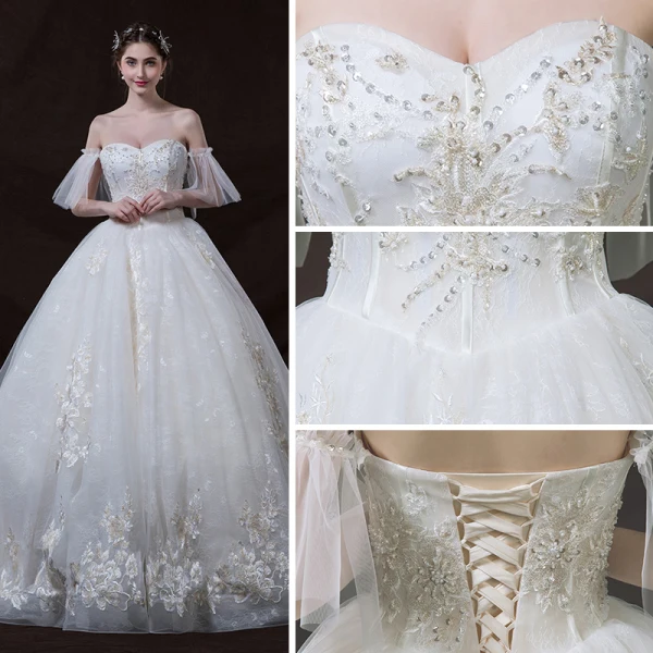 Fine Elfenben Brudekjoler 2018 Ballkjole Av Skulderen Kjæreste 1/2 Ermer Ryggløse Appliques Blonder Paljetter Beading Cathedral Train Buste