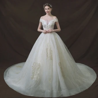 Bling Bling Ivory Wedding Dresses 2018 Ball Gown Off The Shoulder See Through V Neck Short Sleeve Backless Glitter Star Appliques Lace Pearl Beading Cathedral Train Ruffle