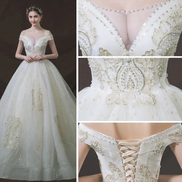 Bling Bling Ivoire Robe De Mariée 2018 Robe Boule De l'épaule Transparentes V-Cou Manches Courtes Dos Nu Glitter Étoile Appliques En Dentelle Perle Perlage Cathedral Train Volants