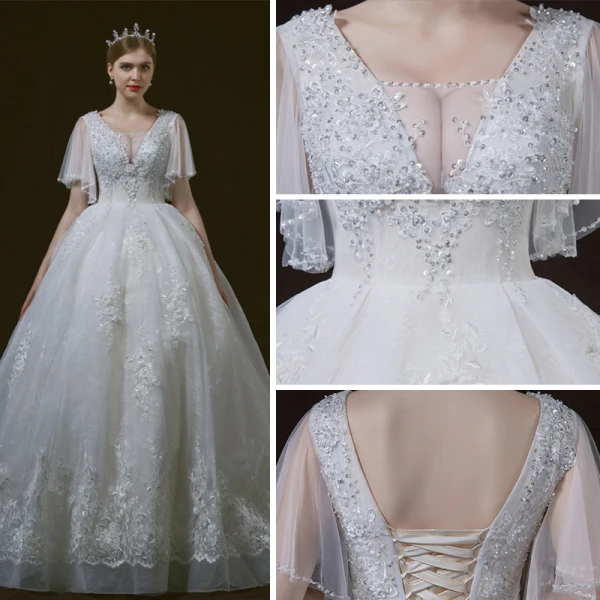 Luxe Ivoire Robe De Mariée 2018 Robe Boule Transparentes V-Cou Manches Courtes Dos Nu Appliques En Dentelle Paillettes Perlage Cathedral Train Volants