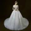 Elegant Ivory Wedding Dresses 2018 Ball Gown Off-The-Shoulder V-Neck Short Sleeve Backless Star Appliques Lace Sequins Pearl Beading Cathedral Train Ruffle