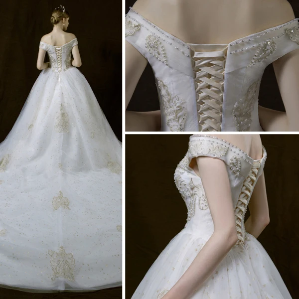 Élégant Ivoire Robe De Mariée 2018 Robe Boule De l'épaule V-Cou Manches Courtes Dos Nu Étoile Appliques En Dentelle Paillettes Perle Perlage Cathedral Train Volants