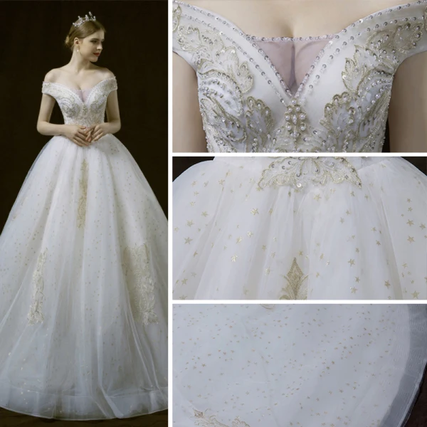 Élégant Ivoire Robe De Mariée 2018 Robe Boule De l'épaule V-Cou Manches Courtes Dos Nu Étoile Appliques En Dentelle Paillettes Perle Perlage Cathedral Train Volants