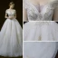 Élégant Ivoire Robe De Mariée 2018 Robe Boule De l'épaule V-Cou Manches Courtes Dos Nu Étoile Appliques En Dentelle Paillettes Perle Perlage Cathedral Train Volants