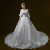 Elegant Ivory Wedding Dresses 2018 Ball Gown Off-The-Shoulder Sweetheart Short Sleeve Backless Appliques Lace Beading Cathedral Train Ruffle