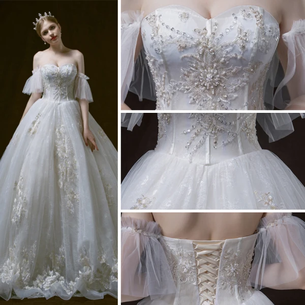 Elegant Elfenben Brudekjoler 2018 Ballkjole Av Skulderen Kjæreste Korte Ermer Ryggløse Appliques Blonder Beading Cathedral Train Buste
