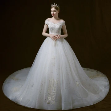 Bling Bling Ivoire Robe De Mariée 2018 Robe Boule De L Épaule Manches Courtes Dos Nu Étoile Appliques En Dentelle Perle Perlage Cathedral Train Volants