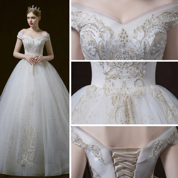 Bling Bling Ivoire Robe De Mariée 2018 Robe Boule De l'épaule Manches Courtes Dos Nu Étoile Appliques En Dentelle Perle Perlage Cathedral Train Volants