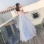 Élégant Bleu Ciel Robe De Soirée 2018 Princesse De l'épaule Manches Courtes Appliques En Dentelle Ceinture Longue Volants Dos Nu Robe De Ceremonie