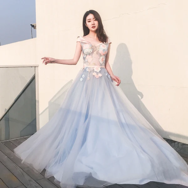 Élégant Bleu Ciel Robe De Soirée 2018 Princesse De l'épaule Manches Courtes Appliques En Dentelle Ceinture Longue Volants Dos Nu Robe De Ceremonie