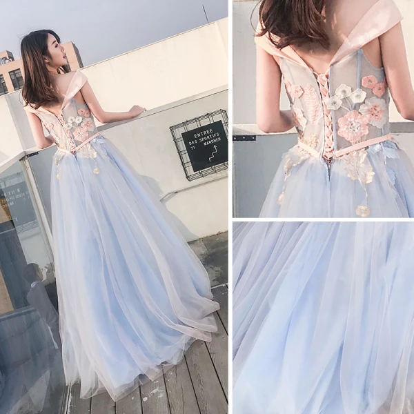 Élégant Bleu Ciel Robe De Soirée 2018 Princesse De l'épaule Manches Courtes Appliques En Dentelle Ceinture Longue Volants Dos Nu Robe De Ceremonie