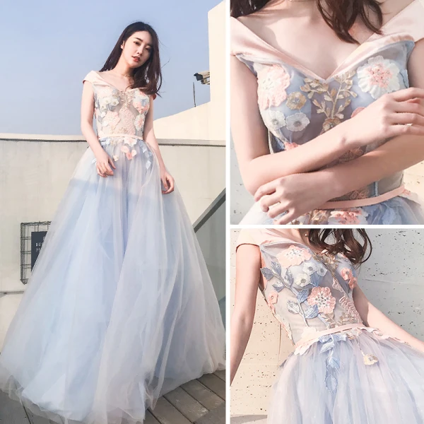 Élégant Bleu Ciel Robe De Soirée 2018 Princesse De l'épaule Manches Courtes Appliques En Dentelle Ceinture Longue Volants Dos Nu Robe De Ceremonie