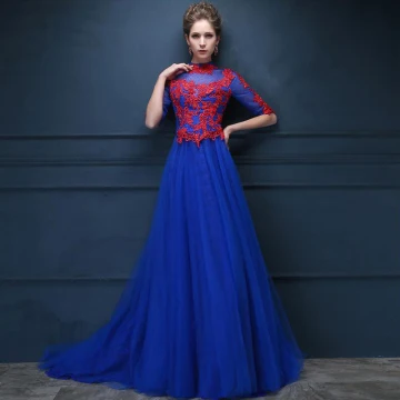 Chinese Style Royal Blue See Through Evening Dresses 2018 Empire High Neck 1 2 Sleeves Appliques Lace Rhinestone Beading Court Train Ruffle Formal Dresses