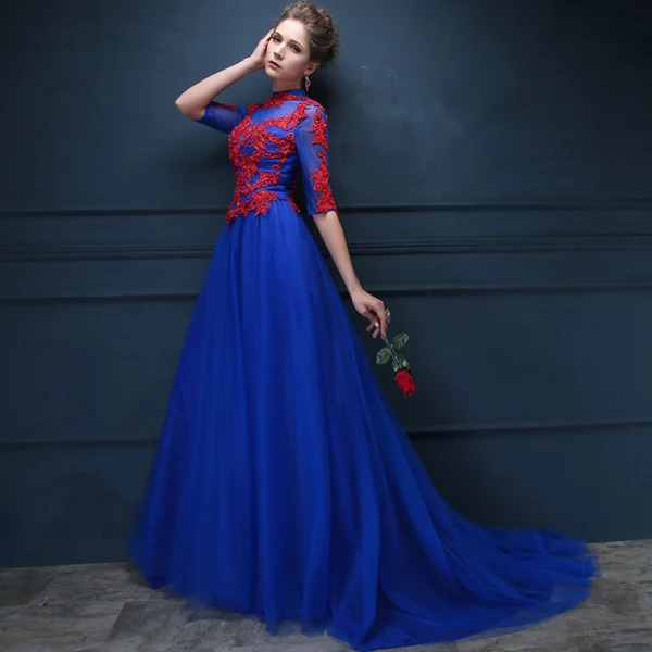 Chinesischer Stil Königliches Blau Durchsichtige Abendkleider 2018 Empire Stehkragen 1/2 Ärmel Applikationen Mit Spitze Strass Perlenstickerei Hof-Schleppe Rüschen Festliche Kleider