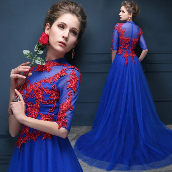 Chinesischer Stil Königliches Blau Durchsichtige Abendkleider 2018 Empire Stehkragen 1/2 Ärmel Applikationen Mit Spitze Strass Perlenstickerei Hof-Schleppe Rüschen Festliche Kleider