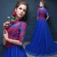Chinesischer Stil Königliches Blau Durchsichtige Abendkleider 2018 Empire Stehkragen 1/2 Ärmel Applikationen Mit Spitze Strass Perlenstickerei Hof-Schleppe Rüschen Festliche Kleider