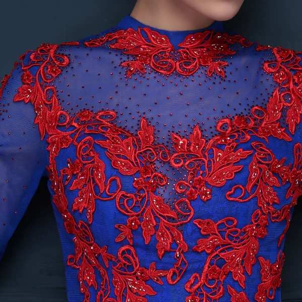 Chinesischer Stil Königliches Blau Durchsichtige Abendkleider 2018 Empire Stehkragen 1/2 Ärmel Applikationen Mit Spitze Strass Perlenstickerei Hof-Schleppe Rüschen Festliche Kleider