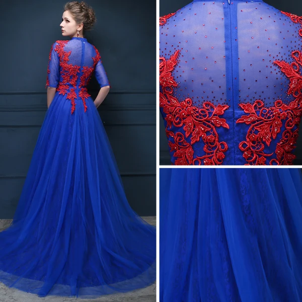 Chinesischer Stil Königliches Blau Durchsichtige Abendkleider 2018 Empire Stehkragen 1/2 Ärmel Applikationen Mit Spitze Strass Perlenstickerei Hof-Schleppe Rüschen Festliche Kleider