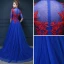 Chinesischer Stil Königliches Blau Durchsichtige Abendkleider 2018 Empire Stehkragen 1/2 Ärmel Applikationen Mit Spitze Strass Perlenstickerei Hof-Schleppe Rüschen Festliche Kleider