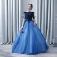 Chic / Beautiful Navy Blue Prom Dresses 2017 Ball Gown Scoop Neck 1/2 Sleeves Appliques Lace Flower Pearl Floor-Length / Long Ruffle Backless Formal Dresses