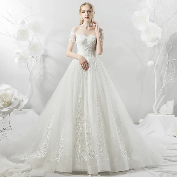Affordable White See-through Wedding Dresses 2018 A-Line / Princess Square Neckline Short Sleeve Backless Appliques Lace Ruffle Chapel Train