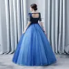 Chic / Beautiful Navy Blue Prom Dresses 2017 Ball Gown Scoop Neck 1/2 Sleeves Appliques Lace Flower Pearl Floor-Length / Long Ruffle Backless Formal Dresses