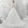 Affordable White See-through Wedding Dresses 2018 A-Line / Princess Square Neckline Short Sleeve Backless Appliques Lace Ruffle Chapel Train
