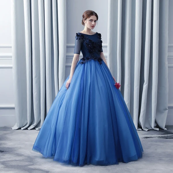 Chic / Beautiful Navy Blue Prom Dresses 2017 Ball Gown Scoop Neck 1/2 Sleeves Appliques Lace Flower Pearl Floor-Length / Long Ruffle Backless Formal Dresses