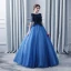 Chic / Beautiful Navy Blue Prom Dresses 2017 Ball Gown Scoop Neck 1/2 Sleeves Appliques Lace Flower Pearl Floor-Length / Long Ruffle Backless Formal Dresses