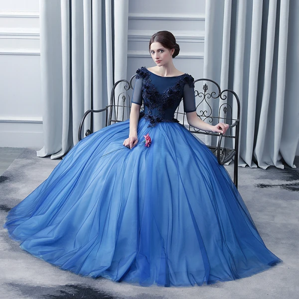 Chic / Beautiful Navy Blue Prom Dresses 2017 Ball Gown Scoop Neck 1/2 Sleeves Appliques Lace Flower Pearl Floor-Length / Long Ruffle Backless Formal Dresses