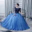Chic / Beautiful Navy Blue Prom Dresses 2017 Ball Gown Scoop Neck 1/2 Sleeves Appliques Lace Flower Pearl Floor-Length / Long Ruffle Backless Formal Dresses
