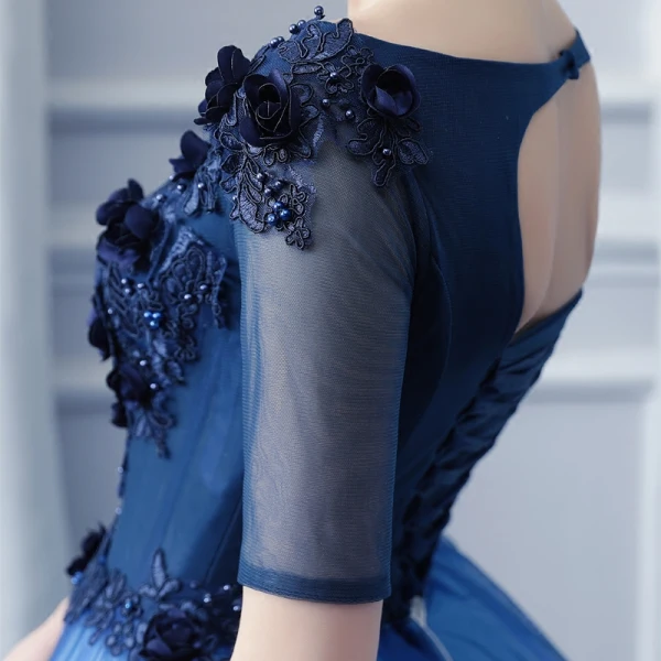 Chic / Beautiful Navy Blue Prom Dresses 2017 Ball Gown Scoop Neck 1/2 Sleeves Appliques Lace Flower Pearl Floor-Length / Long Ruffle Backless Formal Dresses