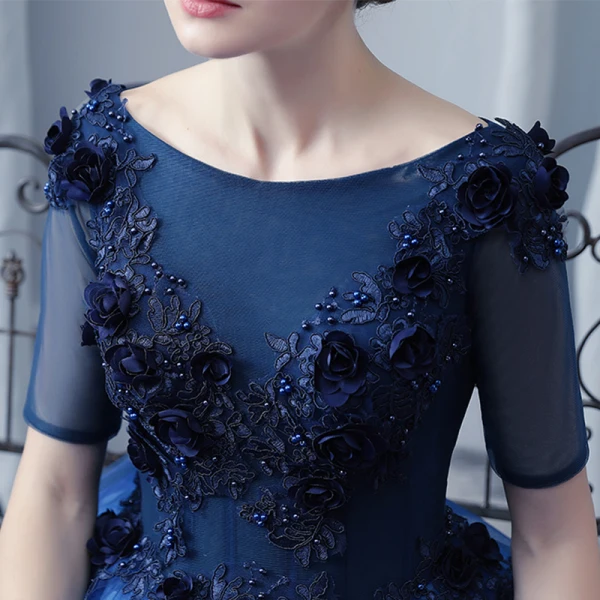Chic / Beautiful Navy Blue Prom Dresses 2017 Ball Gown Scoop Neck 1/2 Sleeves Appliques Lace Flower Pearl Floor-Length / Long Ruffle Backless Formal Dresses