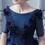 Chic / Beautiful Navy Blue Prom Dresses 2017 Ball Gown Scoop Neck 1/2 Sleeves Appliques Lace Flower Pearl Floor-Length / Long Ruffle Backless Formal Dresses
