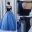 Chic / Beautiful Navy Blue Prom Dresses 2017 Ball Gown Scoop Neck 1/2 Sleeves Appliques Lace Flower Pearl Floor-Length / Long Ruffle Backless Formal Dresses