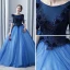 Chic / Beautiful Navy Blue Prom Dresses 2017 Ball Gown Scoop Neck 1/2 Sleeves Appliques Lace Flower Pearl Floor-Length / Long Ruffle Backless Formal Dresses