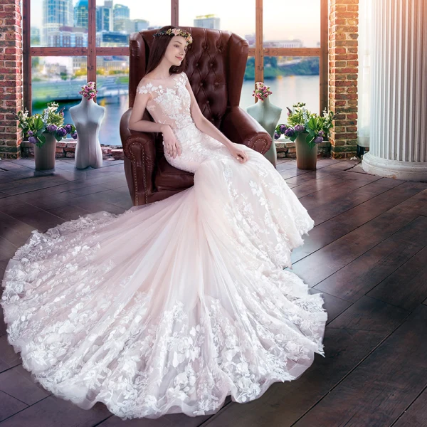 Illusion Champagne See-through Wedding Dresses 2018 Trumpet / Mermaid Scoop Neck Cap Sleeves Backless Appliques Pierced Lace Court Train Ruffle