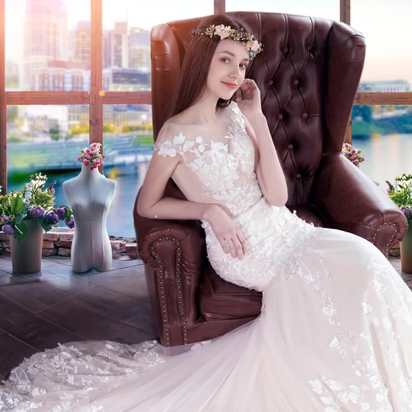 Illusion Champagne See-through Wedding Dresses 2018 Trumpet / Mermaid Scoop Neck Cap Sleeves Backless Appliques Pierced Lace Court Train Ruffle