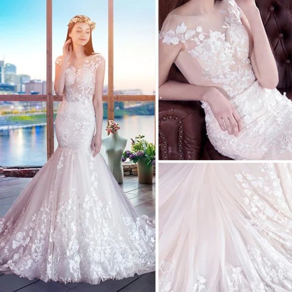 Illusion Champagne See-through Wedding Dresses 2018 Trumpet / Mermaid Scoop Neck Cap Sleeves Backless Appliques Pierced Lace Court Train Ruffle
