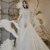 Sparkly Ivory Wedding Dresses With Cloak 2018 A-Line / Princess V-Neck Long Sleeve Backless Glitter Chapel Train Ruffle