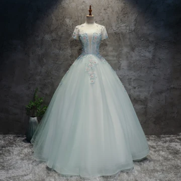 Moderne Mode Multi Couleurs Robe De Bal 2017 Robe Boule Encolure Dégagée Manches Courtes Appliques En Dentelle Fleur Paillettes Perlage Perle Longue Volants Percé Dos Nu Robe De Ceremonie
