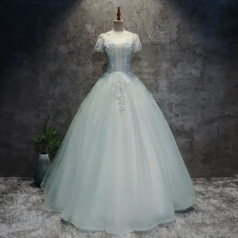 Modern Fashion Multi Colors Prom Dresses 2017 Ball Gown Scoop Neck Short Sleeve Appliques Lace Flower Sequins Beading Pearl Floor Length Long Ruffle Pierced Backless Formal Dresses